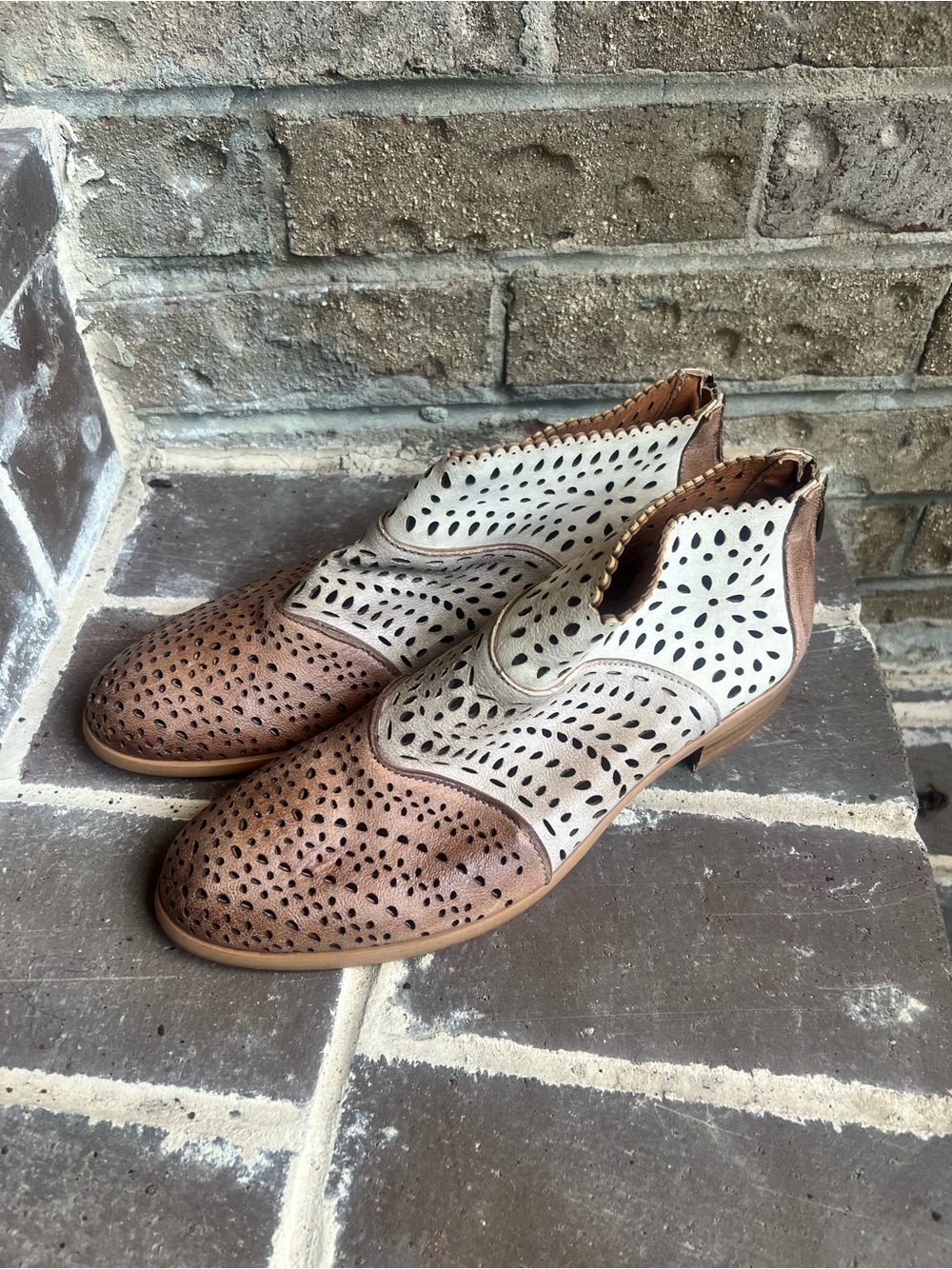 Sundance Two-Tone Perforated Ankle Booties in Cream & Brown - Picture 4 of 5